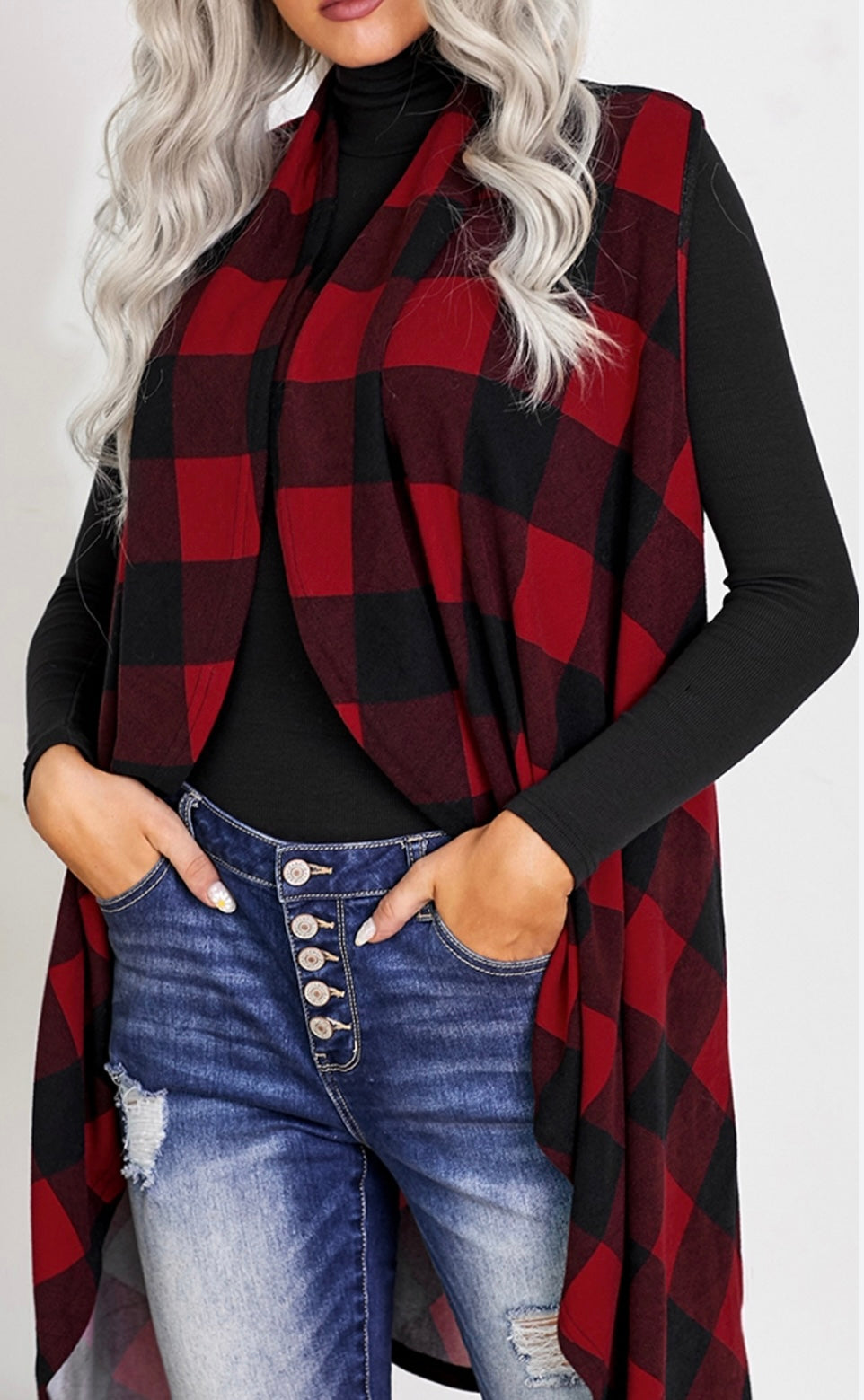 Red Plaid Waterfall Vest