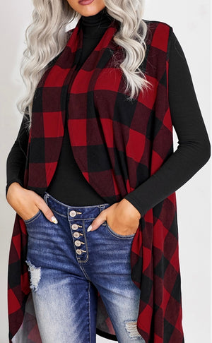 Red Plaid Waterfall Vest