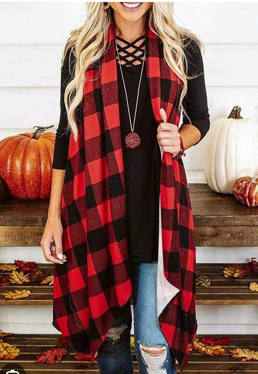 Red Plaid Waterfall Vest