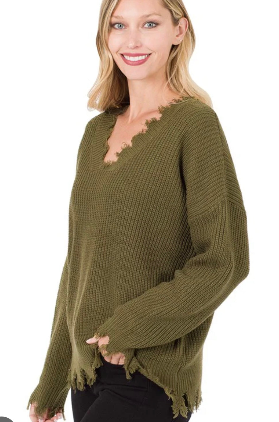 Dusty Olive Distressed Sweater