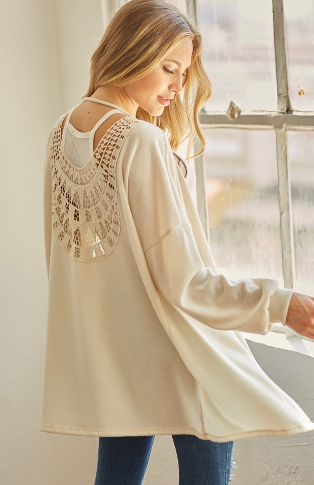 Cashmere Feel Crochet Back Cardigan (Beige)