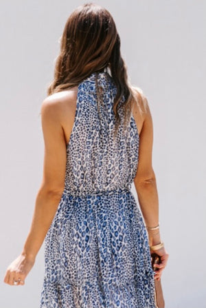 Blue Leopard Halter Dress (Size DOWN)