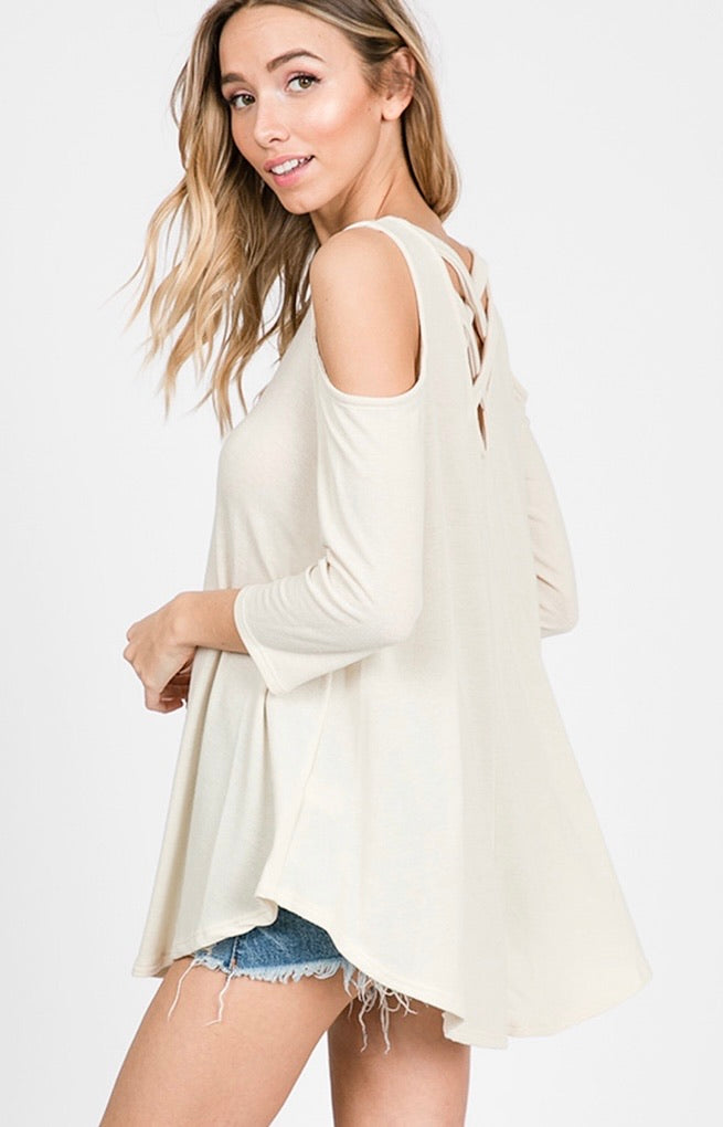 Cream Criss Cross Cold Shoulder Sweater