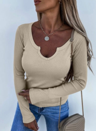 Beige Ribbed Keyhole Top