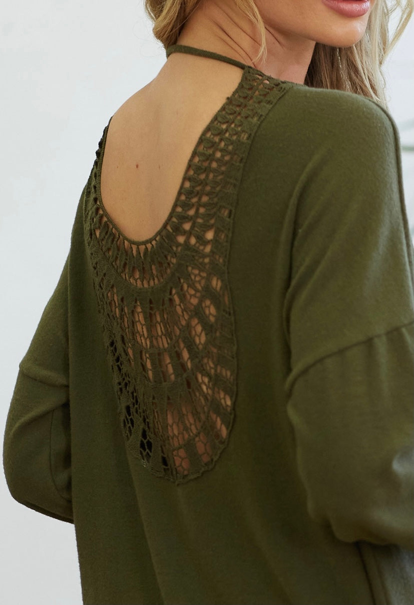 Cashmere Feel Crochet Back Cardigan (Olive)