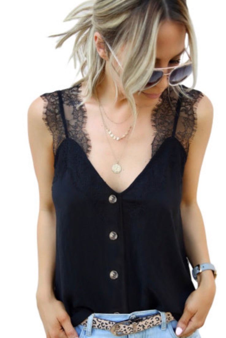 Black Eyelash Lace Button Down Top