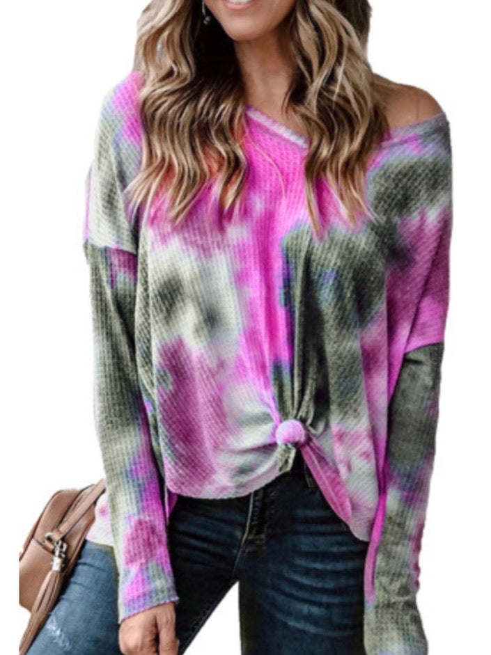 Off Shoulder Tie Dye Thermal Tee