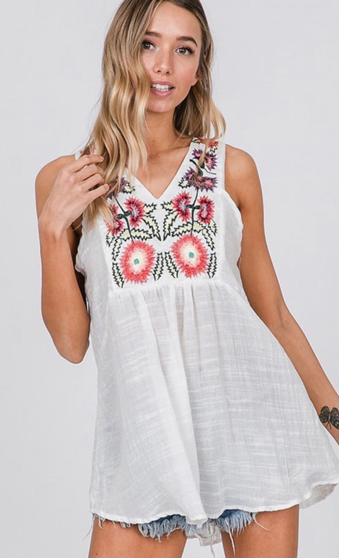 White Embroidered Boho Tank