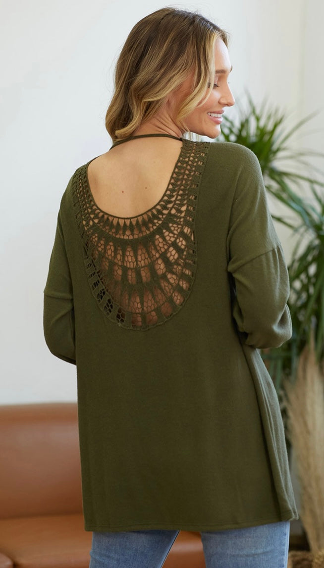 Cashmere Feel Crochet Back Cardigan (Olive)