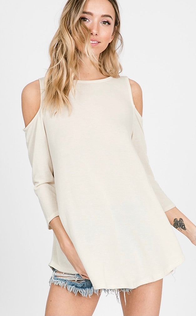 Cream Criss Cross Cold Shoulder Sweater