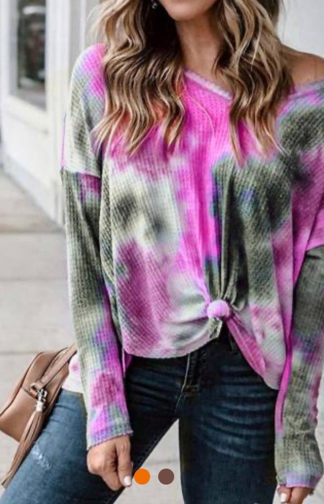 Off Shoulder Tie Dye Thermal Tee