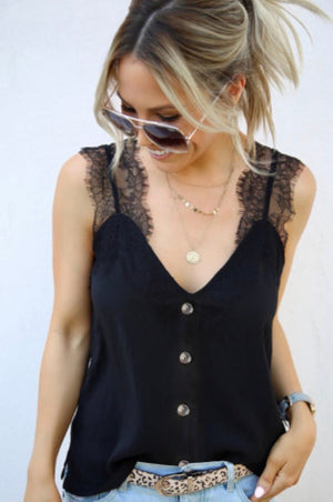 Black Eyelash Lace Button Down Top