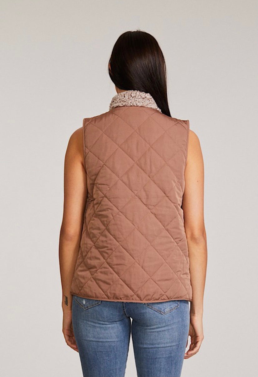 Mocha Reversible Quilted Sherpa Vest